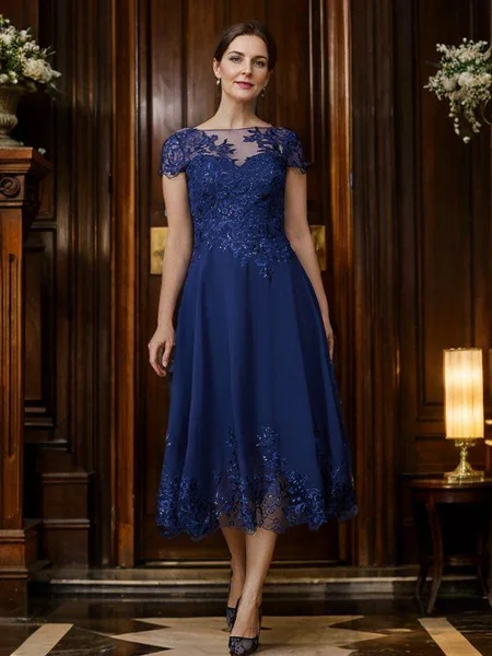 A-Line/Princess Chiffon Applique Bateau Short Sleeves Tea-Length Mother of the Bride Dresses