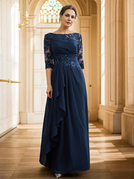 A-Line/Princess Chiffon Applique Bateau 3/4 Sleeves Floor-Length Mother of the Bride Dresses
