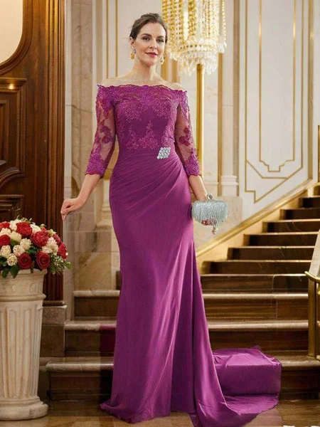 Sheath/Column Chiffon Applique Off-the-Shoulder 3/4 Sleeves Sweep Train Mother of the Bride Dresses