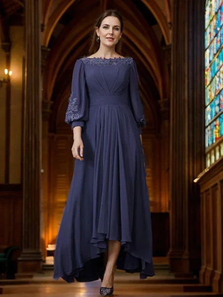 A-Line/Princess Chiffon Ruched Bateau 3/4 Sleeves Asymmetrical Mother of the Bride Dresses