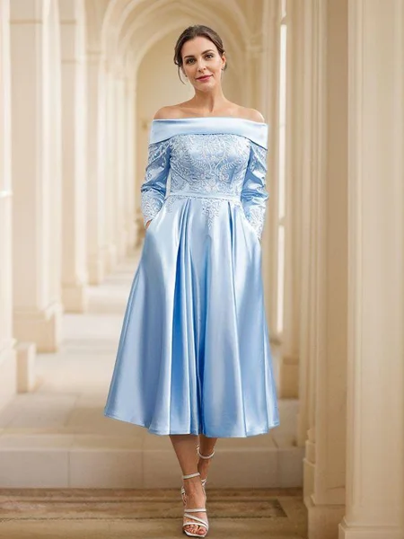 A-Line/Princess Silk Like Satin Ruched Off-the-Shoulder Long Sleeves Tea-Length Mother of the Bride Dresses