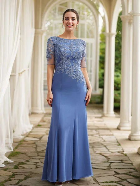 Sheath/Column Chiffon Applique Bateau Short Sleeves Floor-Length Mother of the Bride Dresses