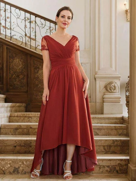 A-Line/Princess Chiffon Ruched V-neck Short Sleeves Asymmetrical Mother of the Bride Dresses