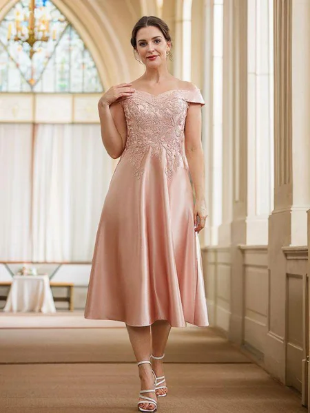 A-Line/Princess Satin Applique Off-the-Shoulder Sleeveless Tea-Length Mother of the Bride Dresses