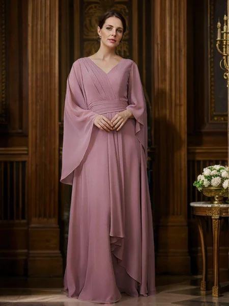 A-Line/Princess Chiffon Ruched V-neck 3/4 Sleeves Floor-Length Mother of the Bride Dresses