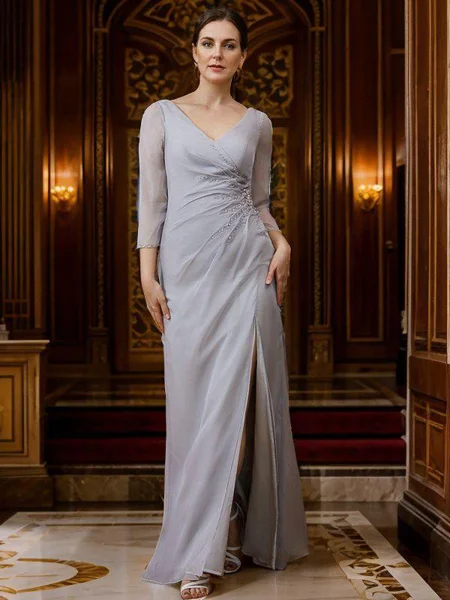 Sheath/Column 30D Chiffon Beading V-neck 3/4 Sleeves Floor-Length Mother of the Bride Dresses