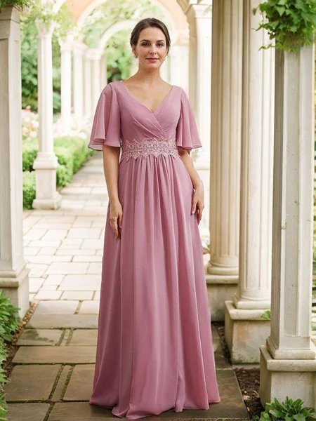 A-Line/Princess Chiffon Ruched V-neck 1/2 Sleeves Floor-Length Mother of the Bride Dresses