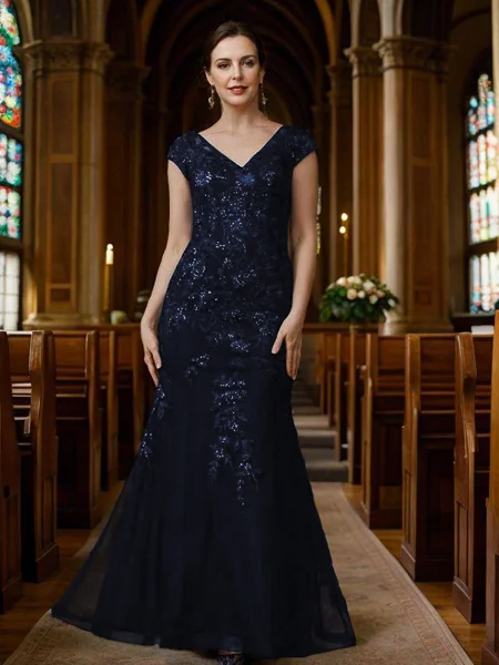 Sheath/Column Tulle Applique V-neck Short Sleeves Floor-Length Mother of the Bride Dresses