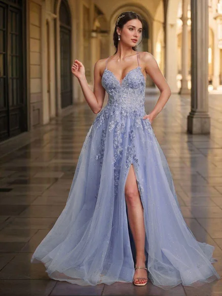 A-line V-neck Appliques Lace Sweep Train Corset Dress