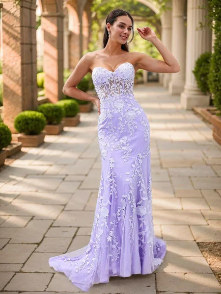 Sheath Sweetheart Appliques Lace Sweep Train Tulle Corset Dress