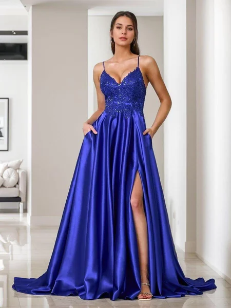 A-line V-neck Appliques Lace Sweep Train Silk Like Satin Dress