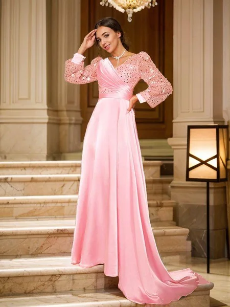 A-Line/Princess Silk like Satin Ruched V-neck Long Sleeves Sweep Train Dresses