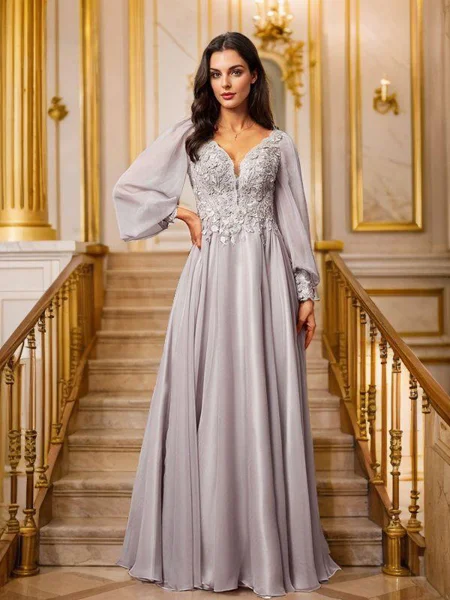 A-Line/Princess 30D Chiffon Applique V-neck Long Sleeves Floor-Length Dresses