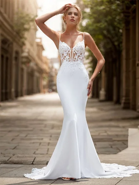 Sheath Stretch Crepe Appliques Lace V-neck Sleeveless Cathedral Train Wedding Dress