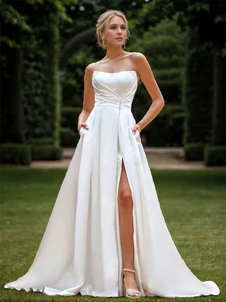 A-line Satin Pleated Straight Sleeveless Court Train Wedding Dress