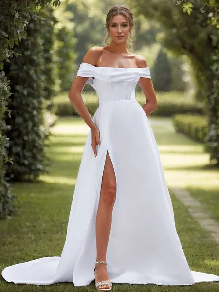 A-line Satin Pleated Off-the-Shoulder Sleeveless Chapel Train Wedding Dress