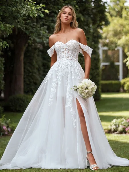 A-line Tulle Appliques Lace Off-the-Shoulder Sleeveless Court Train Wedding Dress