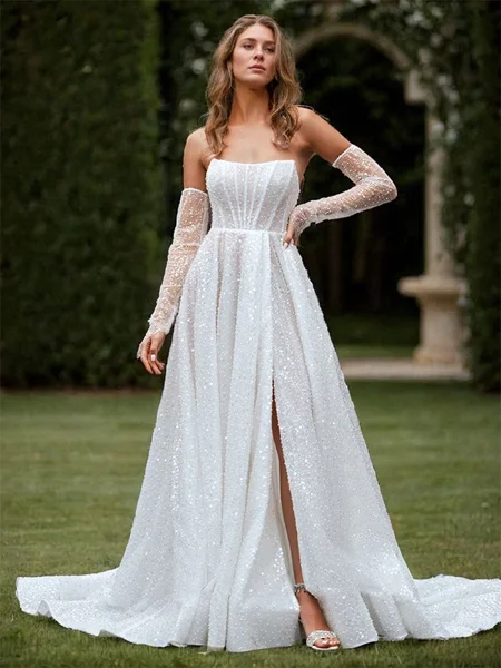A-line Other Straight Long Sleeves Chapel Train Wedding Dress