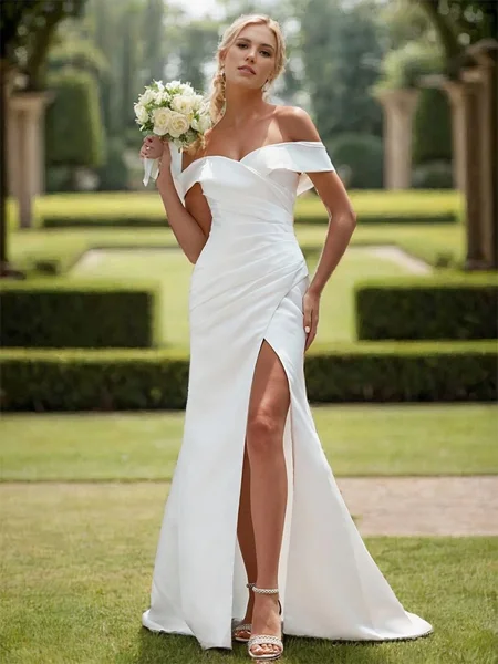 Sheath Satin Pleated Off-the-Shoulder Sleeveless Chapel Train Wedding Dress