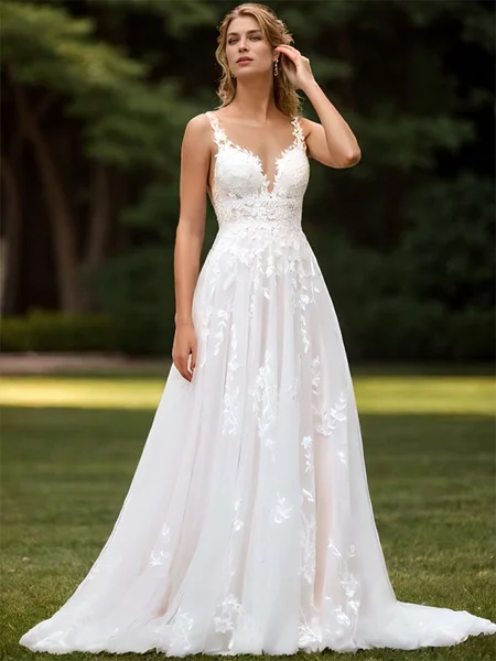 A-line Tulle Appliques Lace Scoop Sleeveless Sweep Train Wedding Dress
