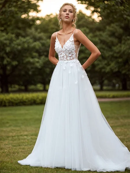 A-line Tulle Appliques Lace V-neck Sleeveless Sweep Train Wedding Dress