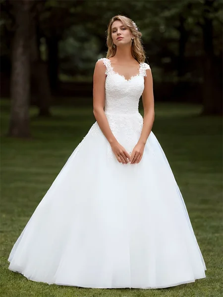 Ball-Gown Tulle Appliques Lace Sweetheart Sleeveless Floor-Length Wedding Dress