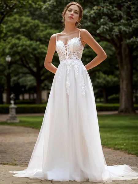 A-line Tulle Appliques Lace Spaghetti Straps Sleeveless Sweep Train Wedding Dress