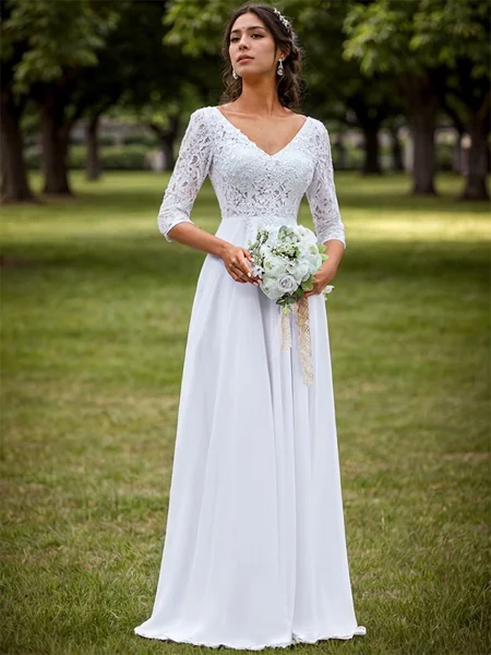 A-line Chiffon Appliques Lace V-neck 3/4 Sleeves Floor-Length Wedding Dress