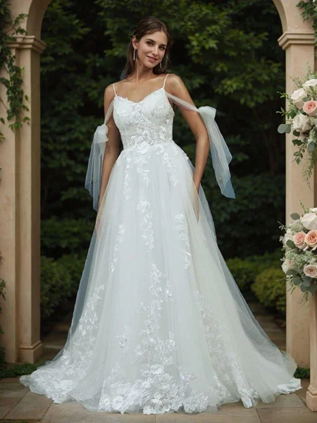 A-line Cold Shoulder Appliques Lace Chapel Train Tulle Wedding Dress