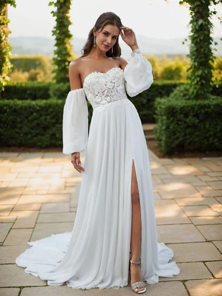 A-line Sweetheart Long Sleeves Appliques Lace Court Train Chiffon Corset Convertible Wedding Dress