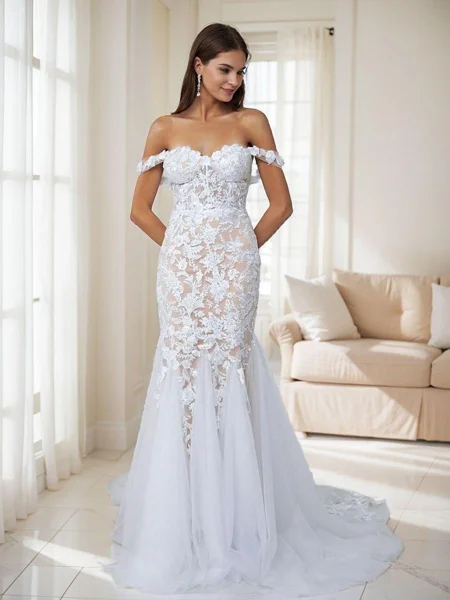 Mermaid Off-the-Shoulder Appliques Lace Cathedral Train Tulle Corset Wedding Dress