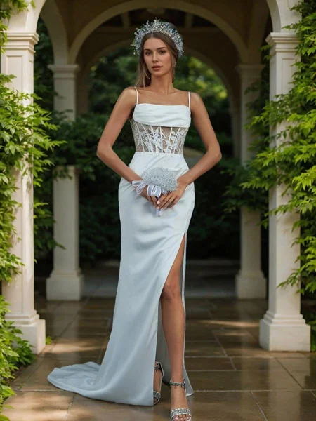 Sheath Spaghetti Straps Appliques Lace Sweep Train Charmeuse Corset Wedding Dress