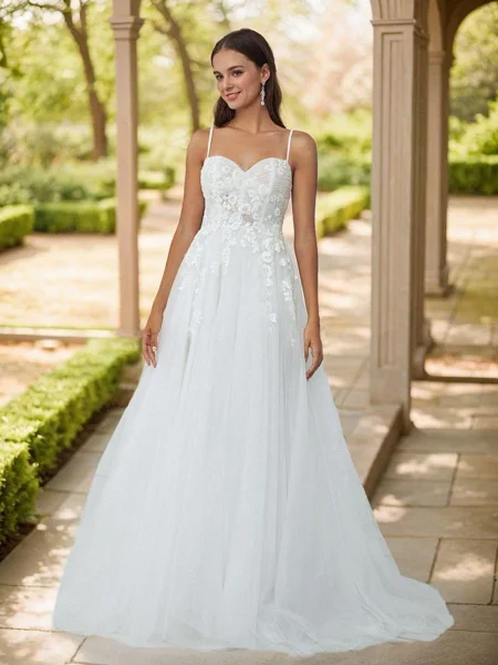 A-line Spaghetti Straps Appliques Lace Court Train Tulle Corset Wedding Dress