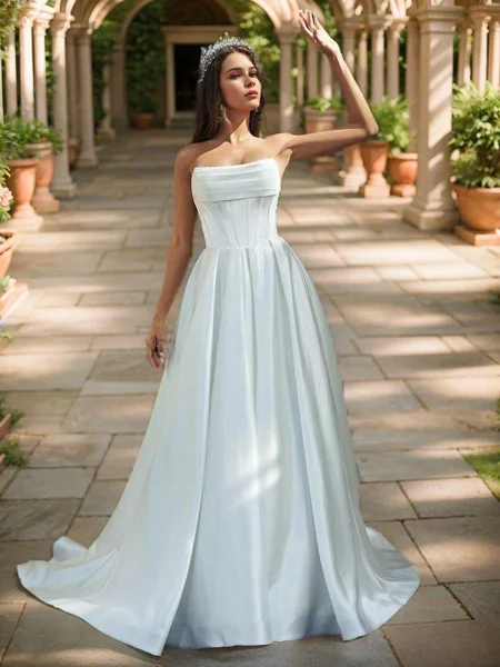 A-line Straight Pleated Sweep Train Satin Corset Wedding Dress