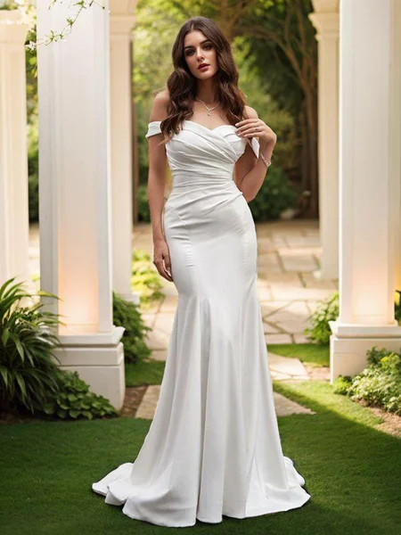 Trumpet/Mermaid Satin Off-the-Shoulder Ruched Sleeveless Sweep Train Wedding Dresses