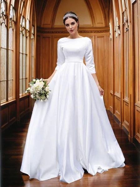 A-Line/Princess Satin Bowknot Bateau 3/4 Sleeves Sweep Train Wedding Dresses
