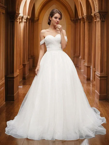 A-Line/Princess Off-the-Shoulder Tulle Sleeveless Ruched Court Train Wedding Dresses
