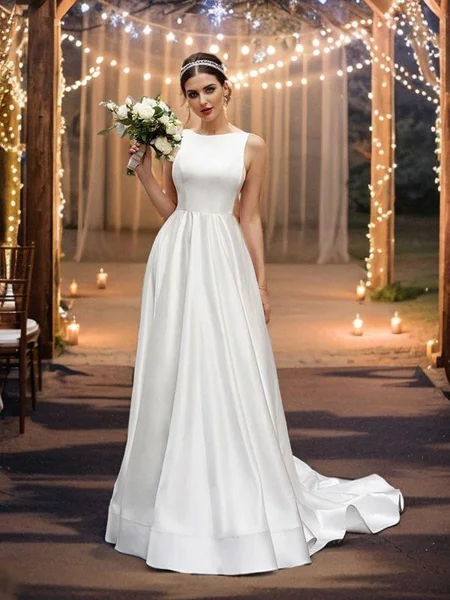 A-Line/Princess Satin Sleeveless Scoop Ruffles Sweep Train Wedding Dresses
