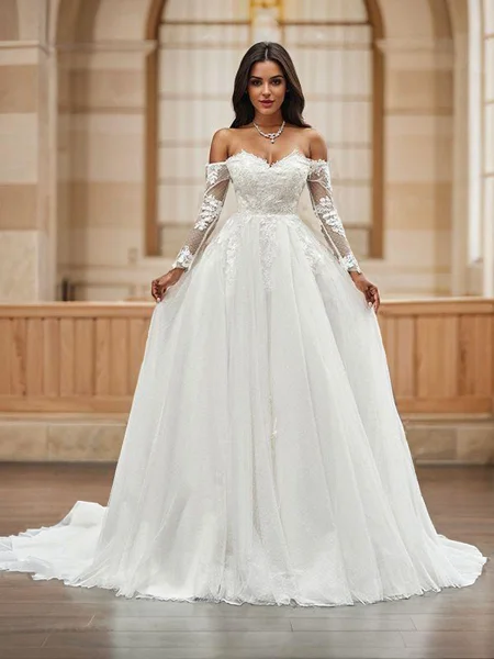 A-Line/Princess Tulle Applique Off-the-Shoulder Long Sleeves Sweep Train Wedding Dresses