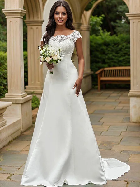 A-Line/Princess Scoop Satin Lace Sleeveless Sweep Train Wedding Dresses