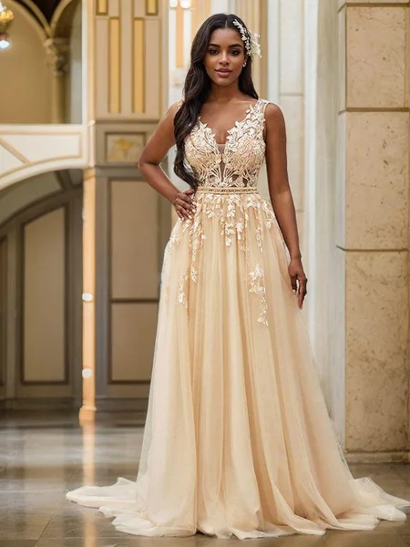A-Line/Princess Sleeveless Tulle V-neck Applique Sweep Train Wedding Dresses