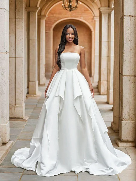 Ball-Gown Satin Ruffles Strapless Sleeveless Court Train Wedding Dresses