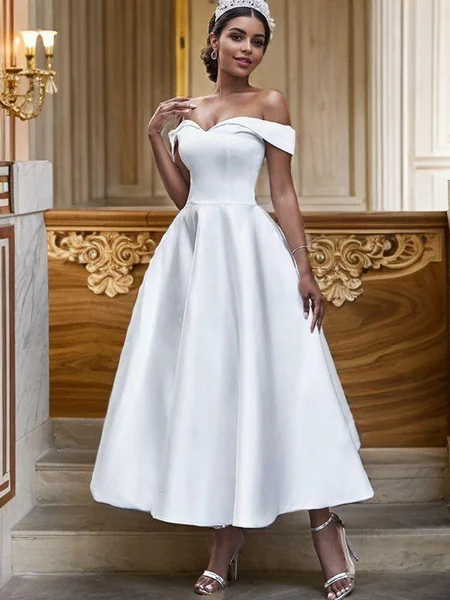 A-Line/Princess Satin Ruffles Off-the-Shoulder Sleeveless Ankle-Length Wedding Dresses