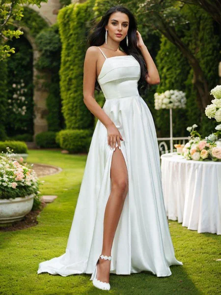 A-Line/Princess Satin Ruffles Spaghetti Straps Sleeveless Sweep Train Wedding Dresses