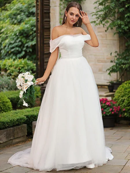 A-Line/Princess Tulle Ruffles Off-the-Shoulder Sleeveless Sweep Train Wedding Dresses