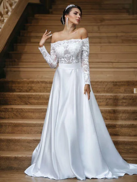 A-Line/Princess Satin Lace Off-the-Shoulder Long Sleeves Sweep Train Wedding Dresses