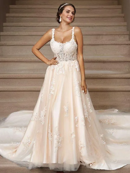 A-Line/Princess Tulle Applique Straps Sleeveless Court Train Wedding Dresses