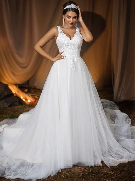 A-Line/Princess Tulle Applique V-neck Sleeveless Court Train Wedding Dresses