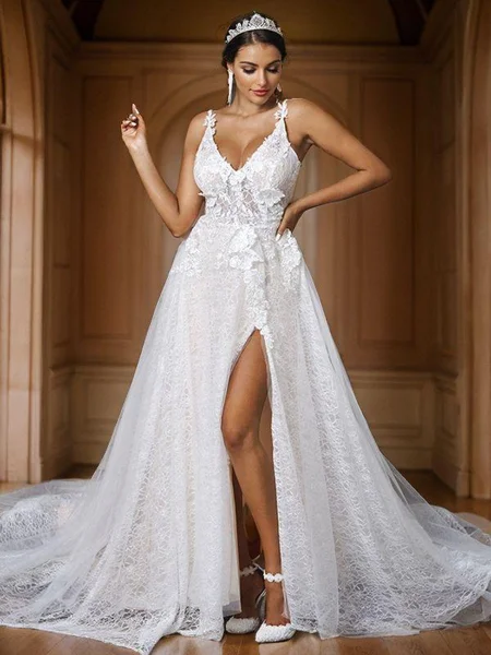 A-Line/Princess Lace Applique V-neck Sleeveless Sweep Train Wedding Dresses