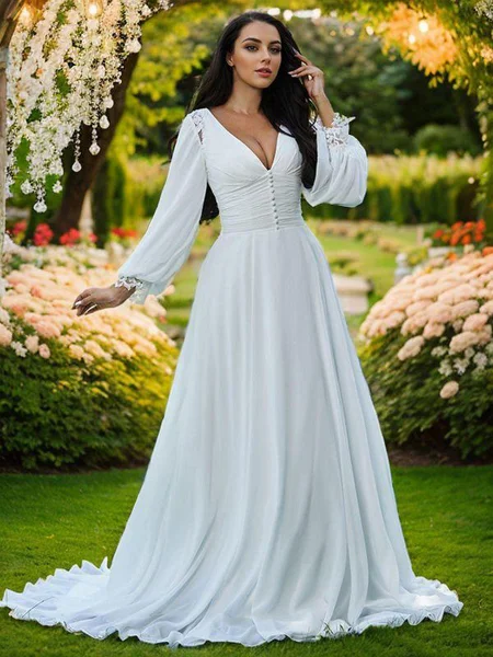 A-Line/Princess Chiffon Ruffles V-neck Long Sleeves Sweep Train Wedding Dresses